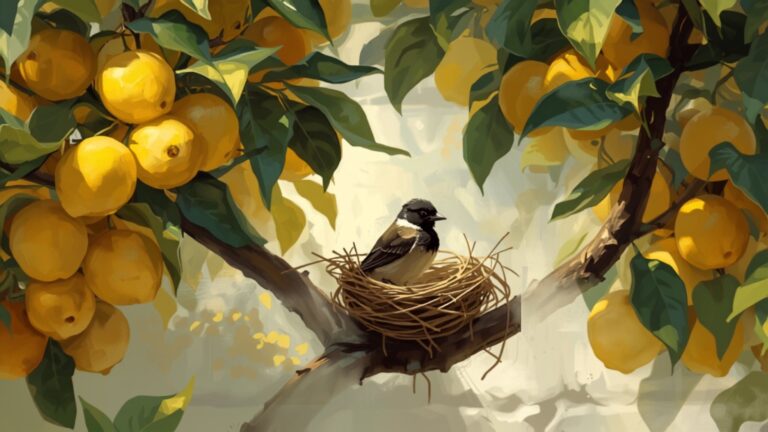 A small brown bird with a black head sits on the rim of a twig nest built in the branches of a lemon tree full of bright yellow lemons.