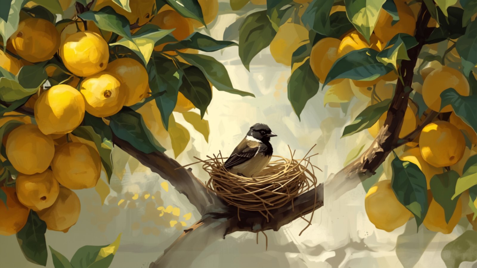 A small brown bird with a black head sits on the rim of a twig nest built in the branches of a lemon tree full of bright yellow lemons.