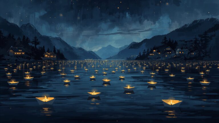 Dozens of small paper boats carrying lit candles drifting on dark water at night, with village lights and mountains beyond.