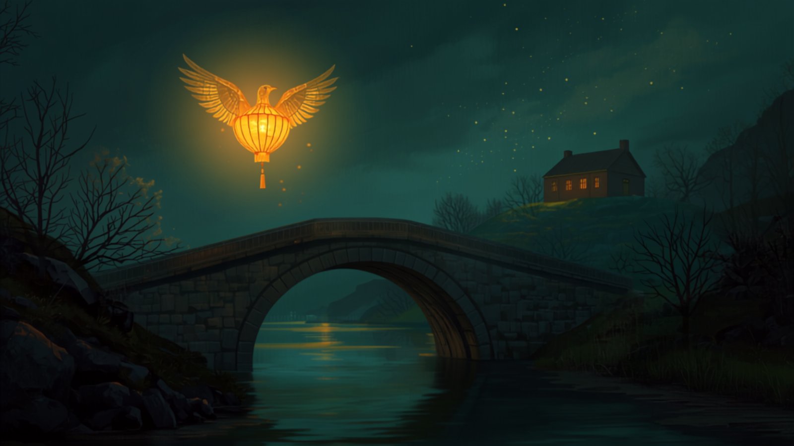 A glowing golden paper lantern shaped like a bird floats above an old stone bridge over a dark river at night, with a lit house on the hill beyond.