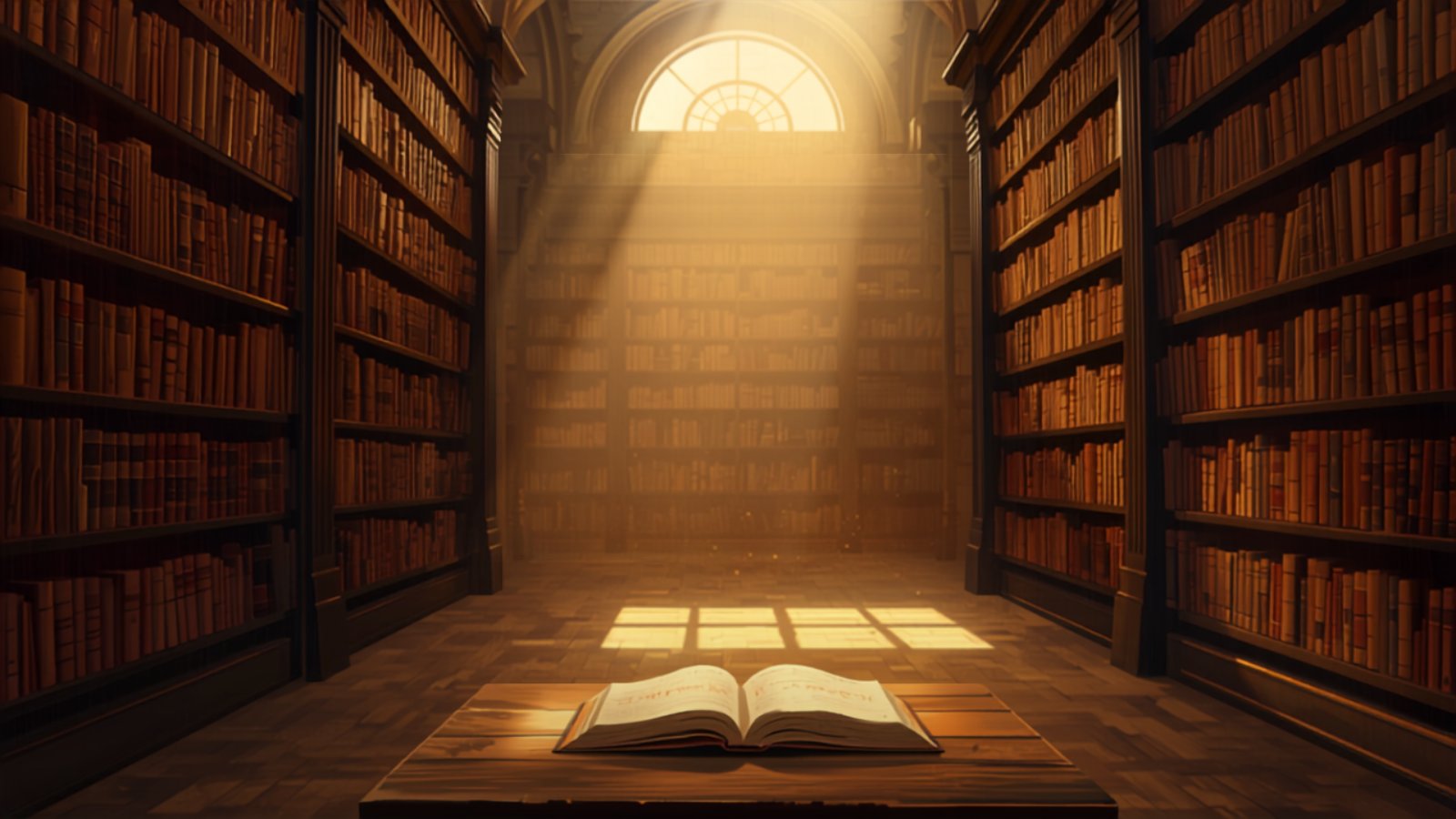 A quiet library aisle between tall wooden bookshelves, with sunlight falling from a high arched window onto an open book resting on a table.