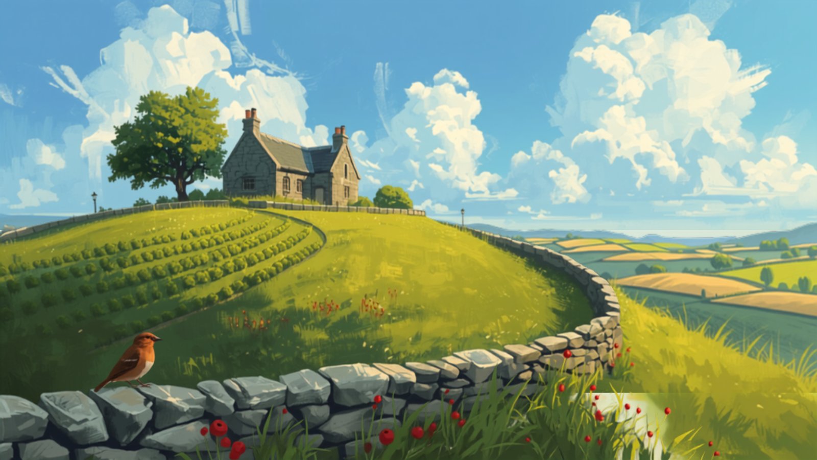 A small stone cottage on a green hilltop with an apple tree and vegetable rows beside it, a drystone wall in front, and a little brown bird perched on the wall.