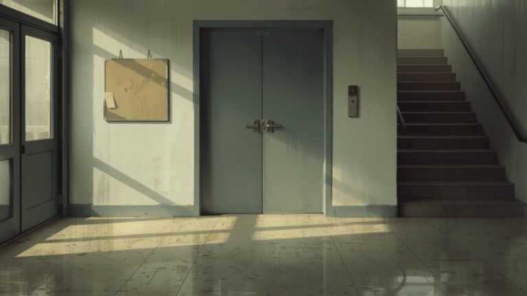 The quiet entrance lobby of a tower block, with closed lift doors, a bare noticeboard and a concrete stairwell to one side.
