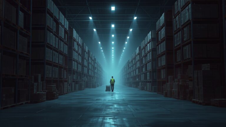A lone worker in a hi-vis vest stands in a long, cold aisle of a huge night-time warehouse, dwarfed by tall racks of parcels under harsh white lights.