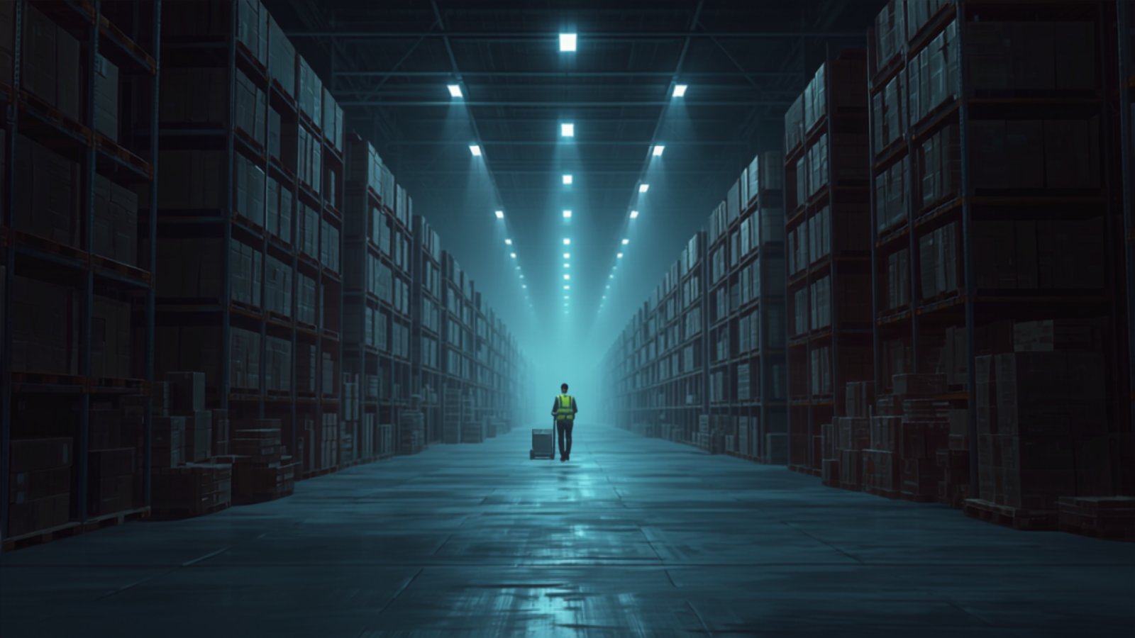 A lone worker in a hi-vis vest stands in a long, cold aisle of a huge night-time warehouse, dwarfed by tall racks of parcels under harsh white lights.