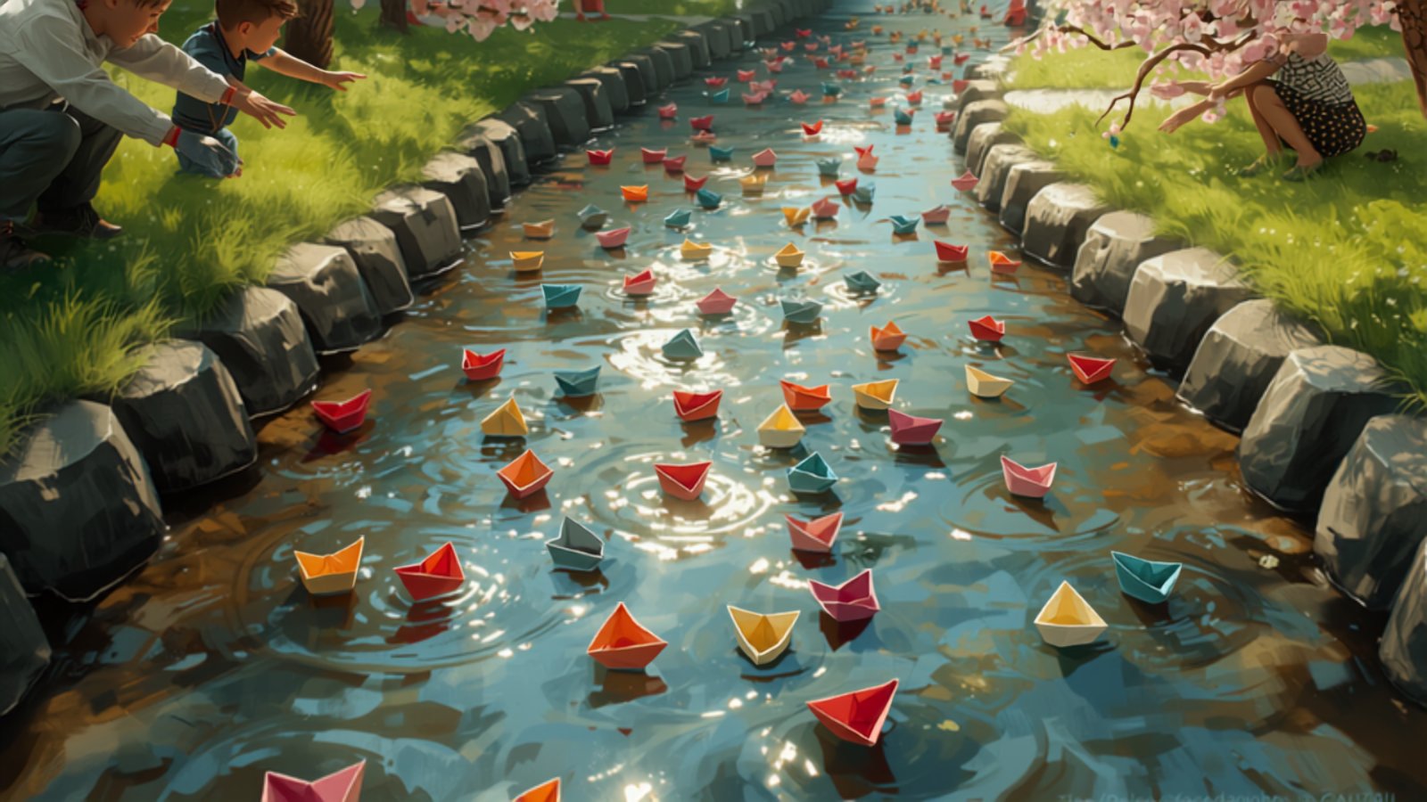 Dozens of brightly coloured folded paper boats float down a narrow stream between stone edges while children lean in from the grassy banks to launch more.