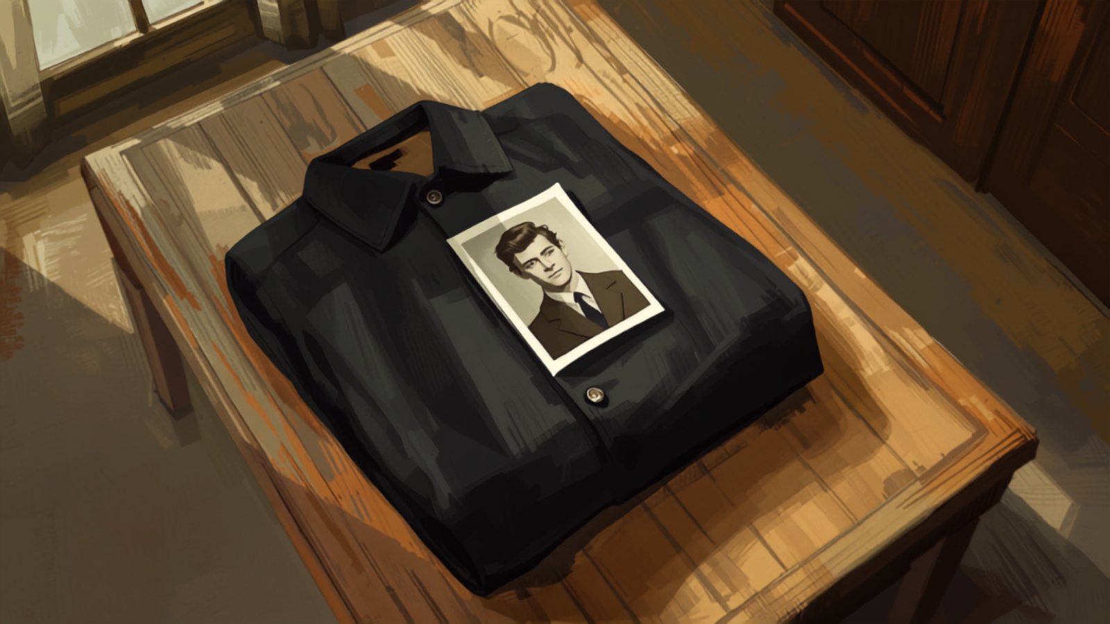A folded second-hand dark coat on a wooden table with an old black-and-white photograph of a young man resting on top.