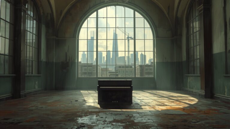 A lone upright piano stands in a huge empty derelict hall with peeling walls and a tall arched window, through which a modern city skyline and a building crane can be seen.
