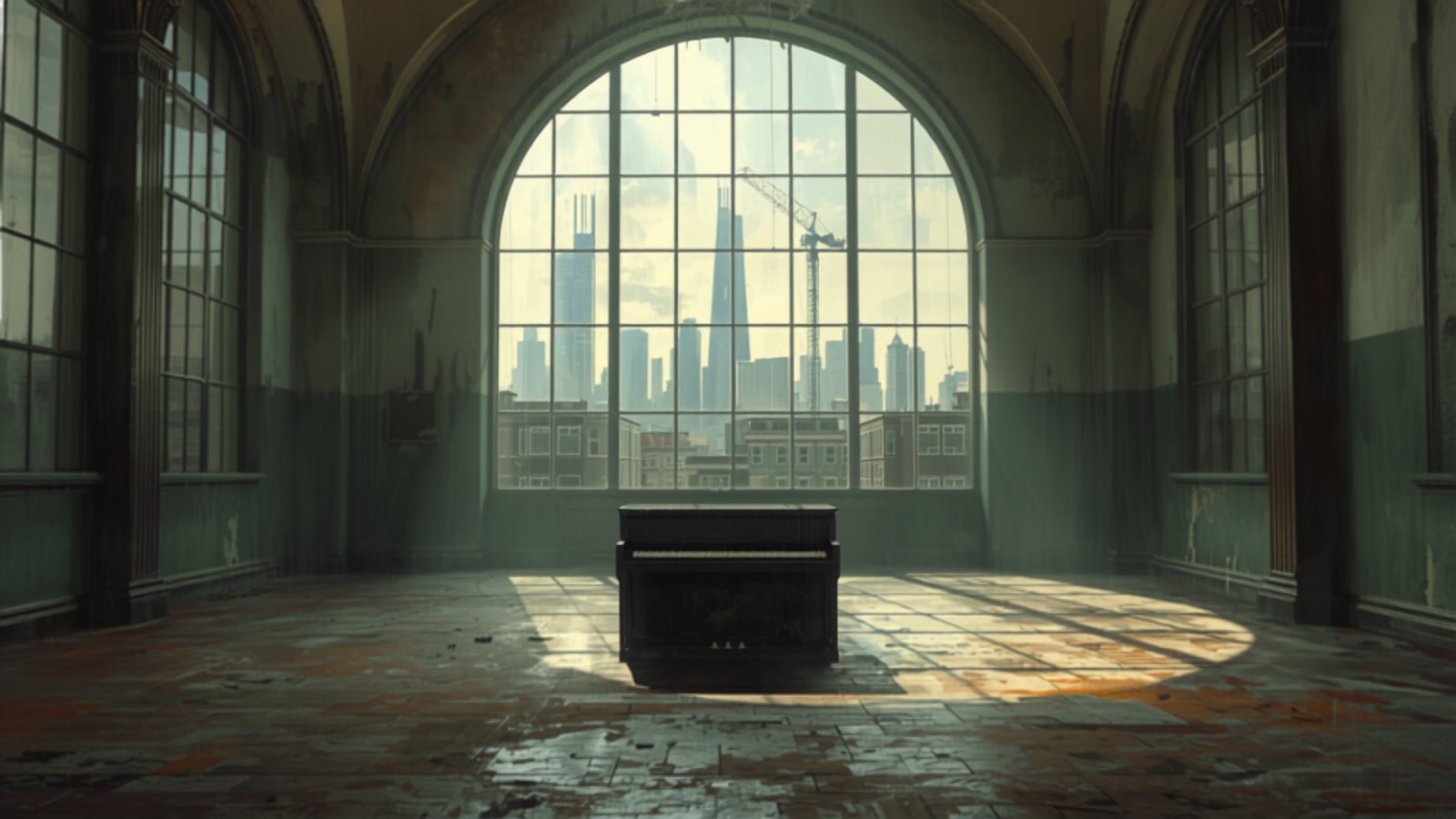 A lone upright piano stands in a huge empty derelict hall with peeling walls and a tall arched window, through which a modern city skyline and a building crane can be seen.