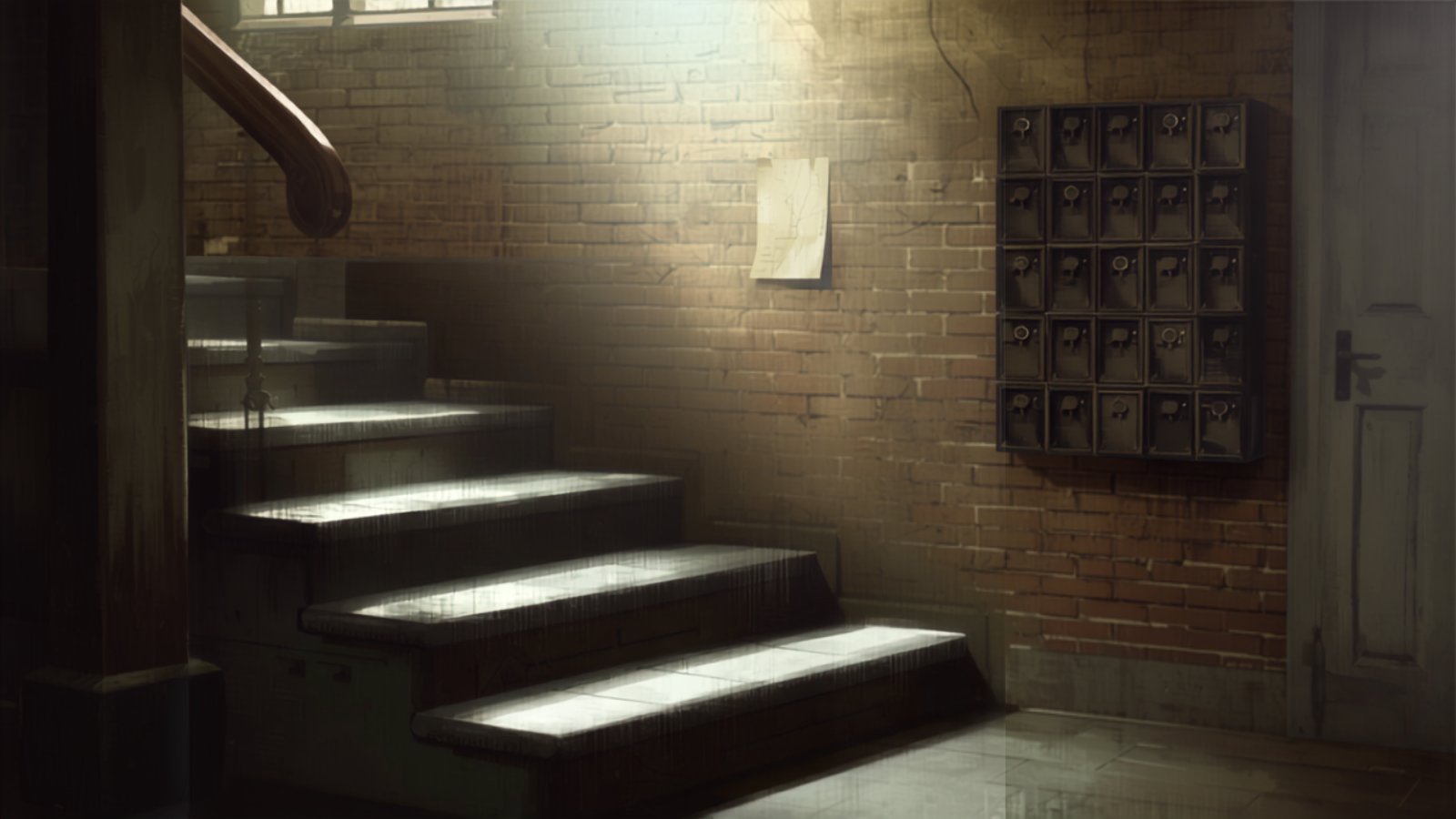 A quiet sunlit stairwell in an old red-brick block of flats, with a bank of metal letterboxes on the wall and a single small note taped up beside them.