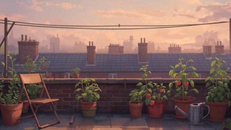A city rooftop terrace with pots of tomato plants and herbs, a folding chair and a watering can, looking out over slate roofs and chimney pots at sunset.