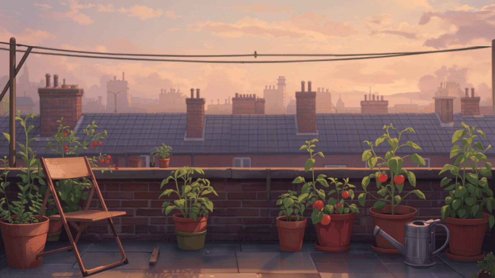 A city rooftop terrace with pots of tomato plants and herbs, a folding chair and a watering can, looking out over slate roofs and chimney pots at sunset.