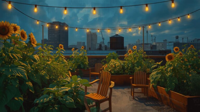 A shared city rooftop garden at dusk with sunflowers, raised vegetable beds, wooden chairs and strings of warm lights, city towers behind.