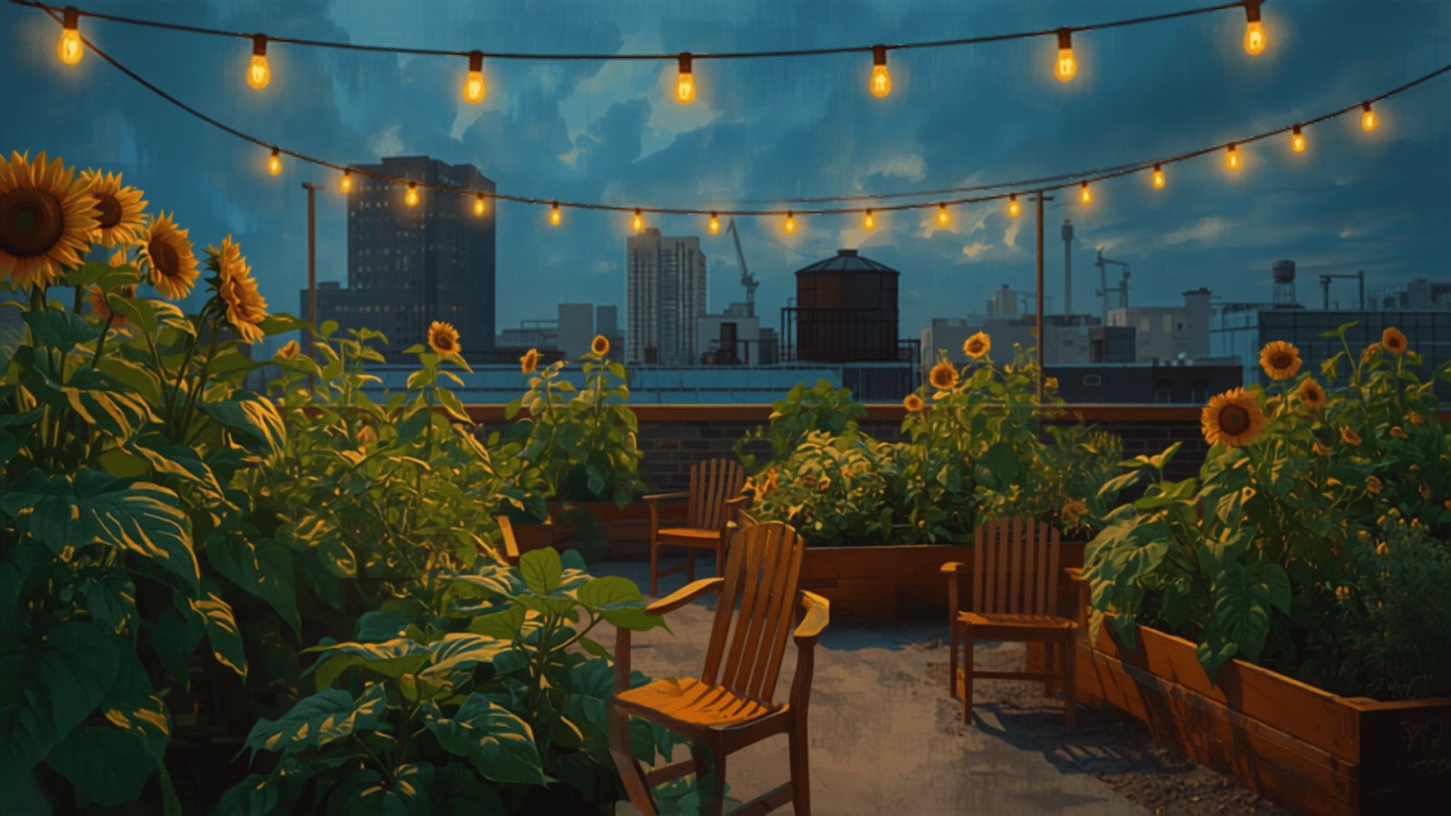 A shared city rooftop garden at dusk with sunflowers, raised vegetable beds, wooden chairs and strings of warm lights, city towers behind.