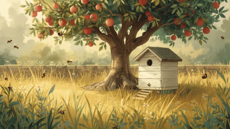A white wooden beehive standing in long grass under an old apple tree, with bees flying in warm summer sunlight.