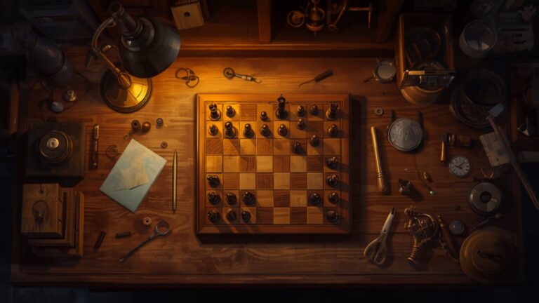 Looking down on a clockmaker's workbench under a warm lamp: a wooden chessboard part-way through a game, a pale blue envelope beside it, and small brass tools and watch parts spread across the wood.