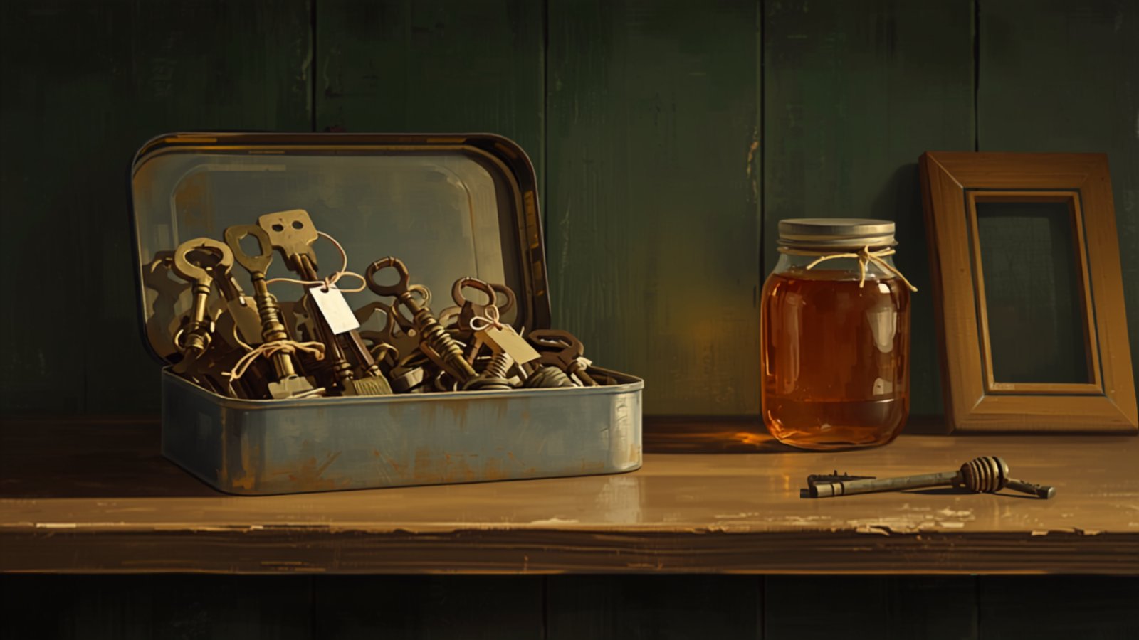 An old tin box open on a kitchen shelf, full of two dozen assorted brass and steel keys with small paper tags tied on, beside a jar of honey and a picture frame.