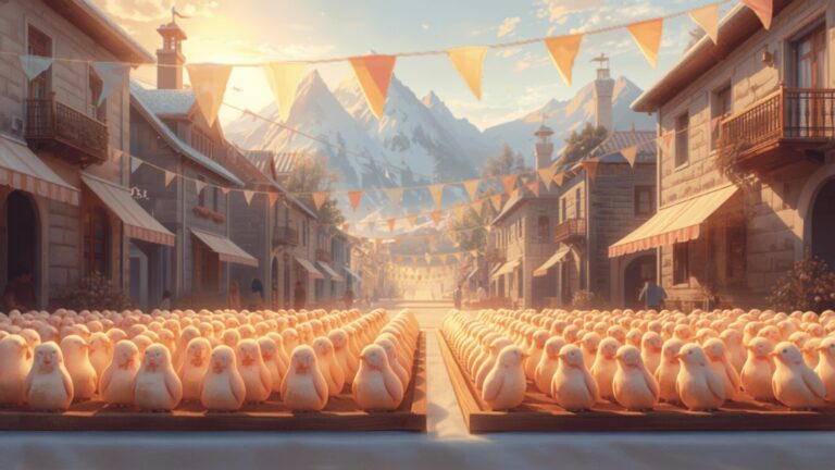 Long tables of small pale sugar sweets shaped like birds set out in a mountain village street, with bunting overhead and snowy peaks behind.