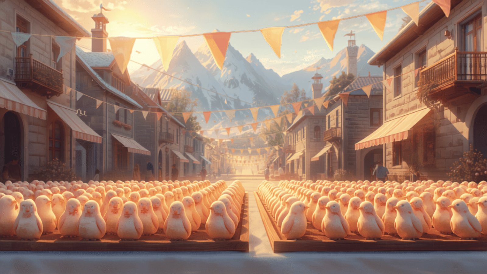 Long tables of small pale sugar sweets shaped like birds set out in a mountain village street, with bunting overhead and snowy peaks behind.