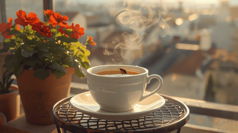 A honeybee resting on the rim of a white teacup on a small balcony table, with red geraniums in pots and city rooftops blurred behind.