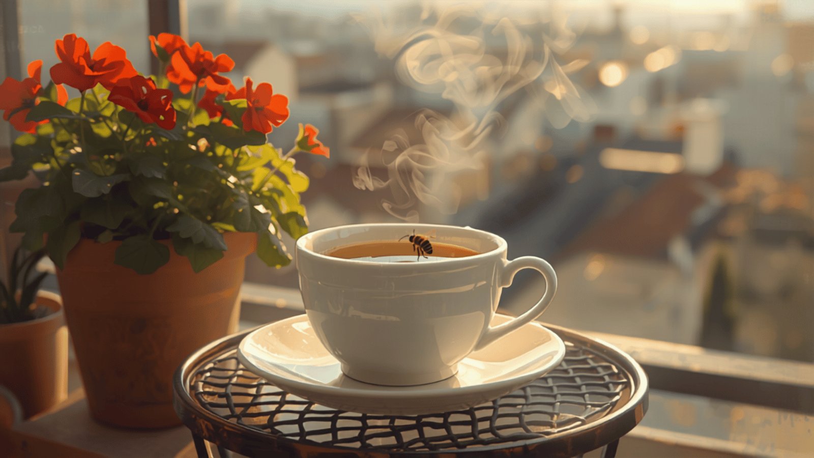 A honeybee resting on the rim of a white teacup on a small balcony table, with red geraniums in pots and city rooftops blurred behind.