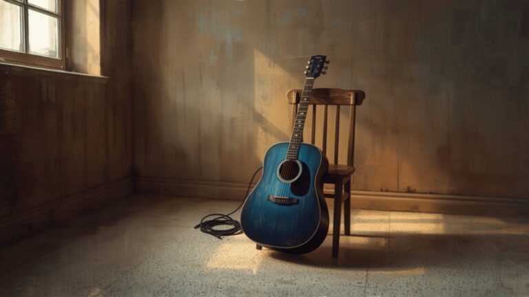 A blue acoustic guitar leaning against a wooden chair in a bare room, lit by afternoon light from a high window.