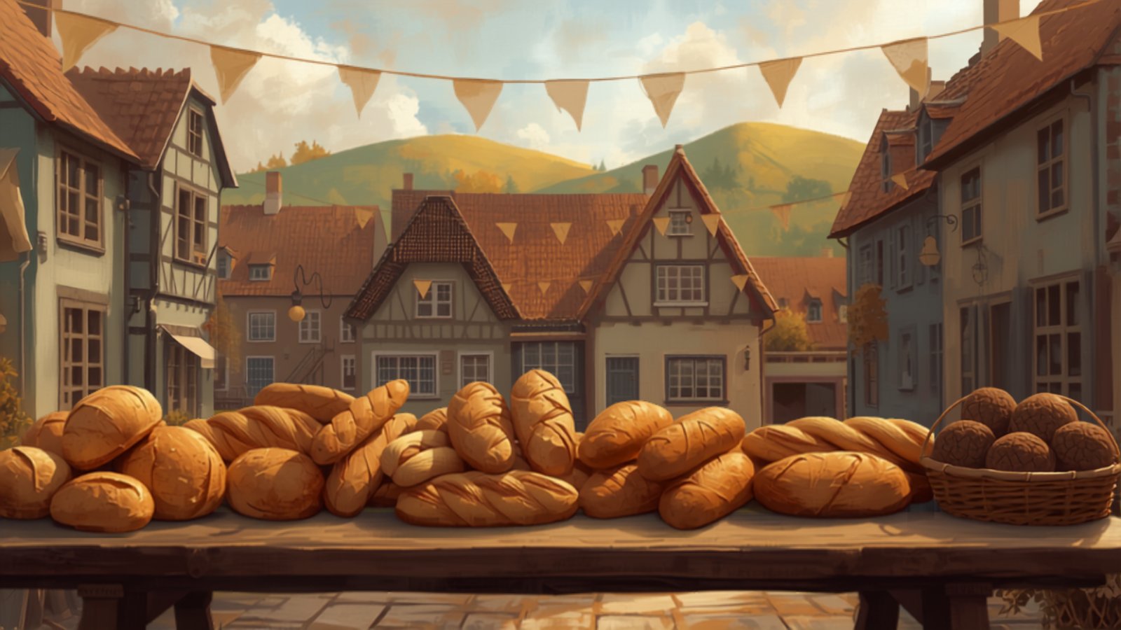 A long outdoor table in a small town square piled high with rustic loaves of bread of every shape, with bunting strung overhead and green hills rising behind the rooftops.