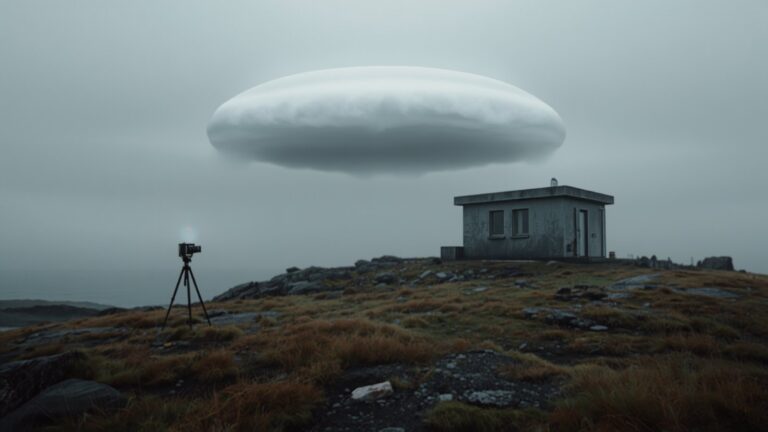 A small concrete weather station stands on a windswept clifftop above the sea, with a camera on a tripod beside it and a strange smooth lens-shaped cloud hanging in the sky above.