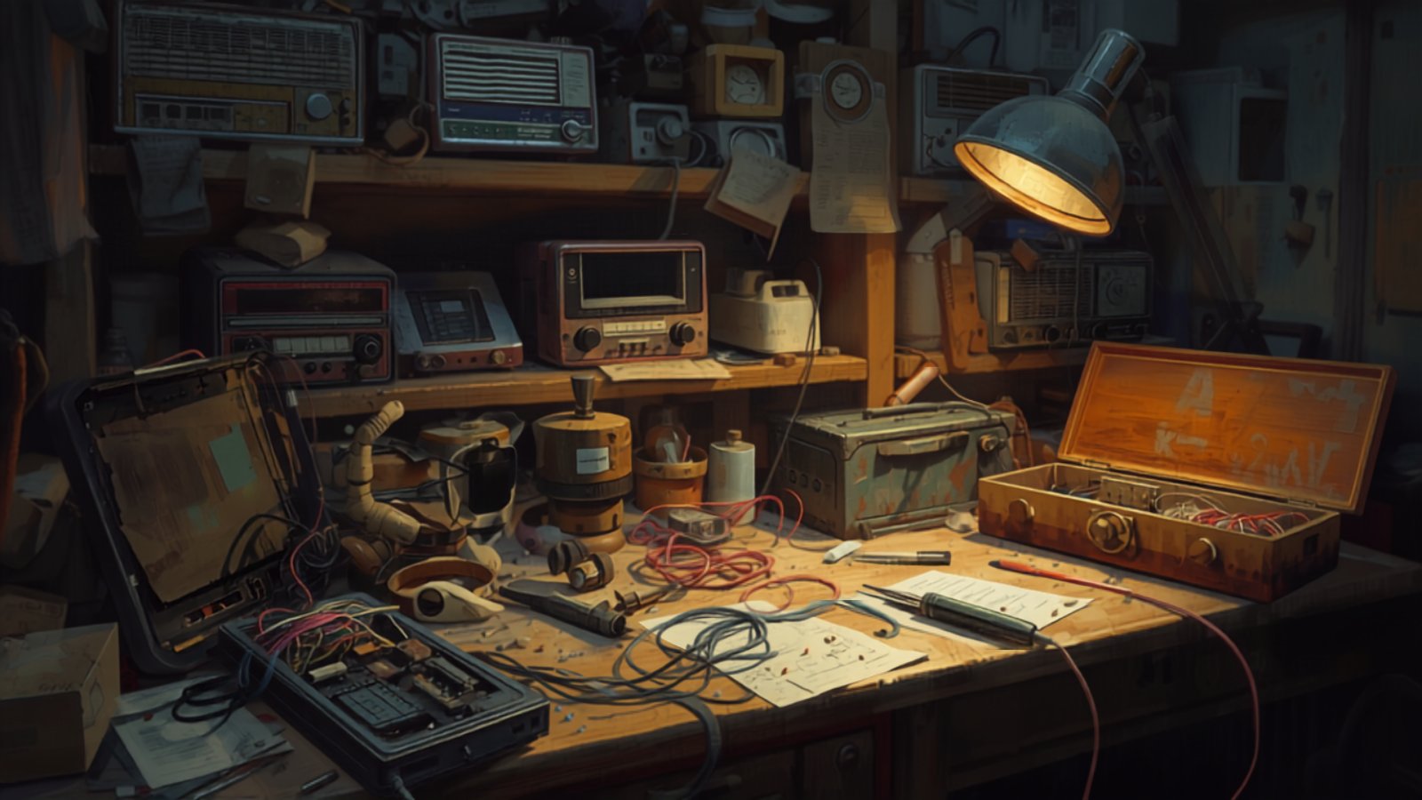 The cluttered workbench of a small electronics repair shop, covered with opened-up radios, tools and coloured wire, with shelves of old radios behind and a lamp lighting the bench.