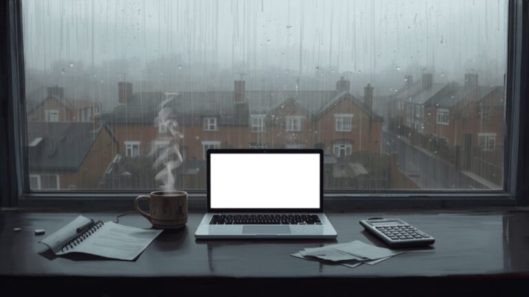 An open laptop, a steaming mug and scattered papers on a small kitchen table by a rain-streaked window looking out onto wet brick terraces.