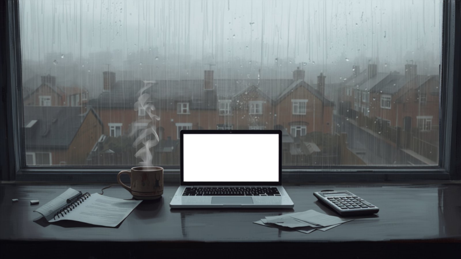 An open laptop, a steaming mug and scattered papers on a small kitchen table by a rain-streaked window looking out onto wet brick terraces.