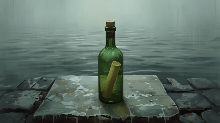 A green glass bottle with a cork and a rolled sheet of paper inside, standing on wet stone paving beside grey harbour water.
