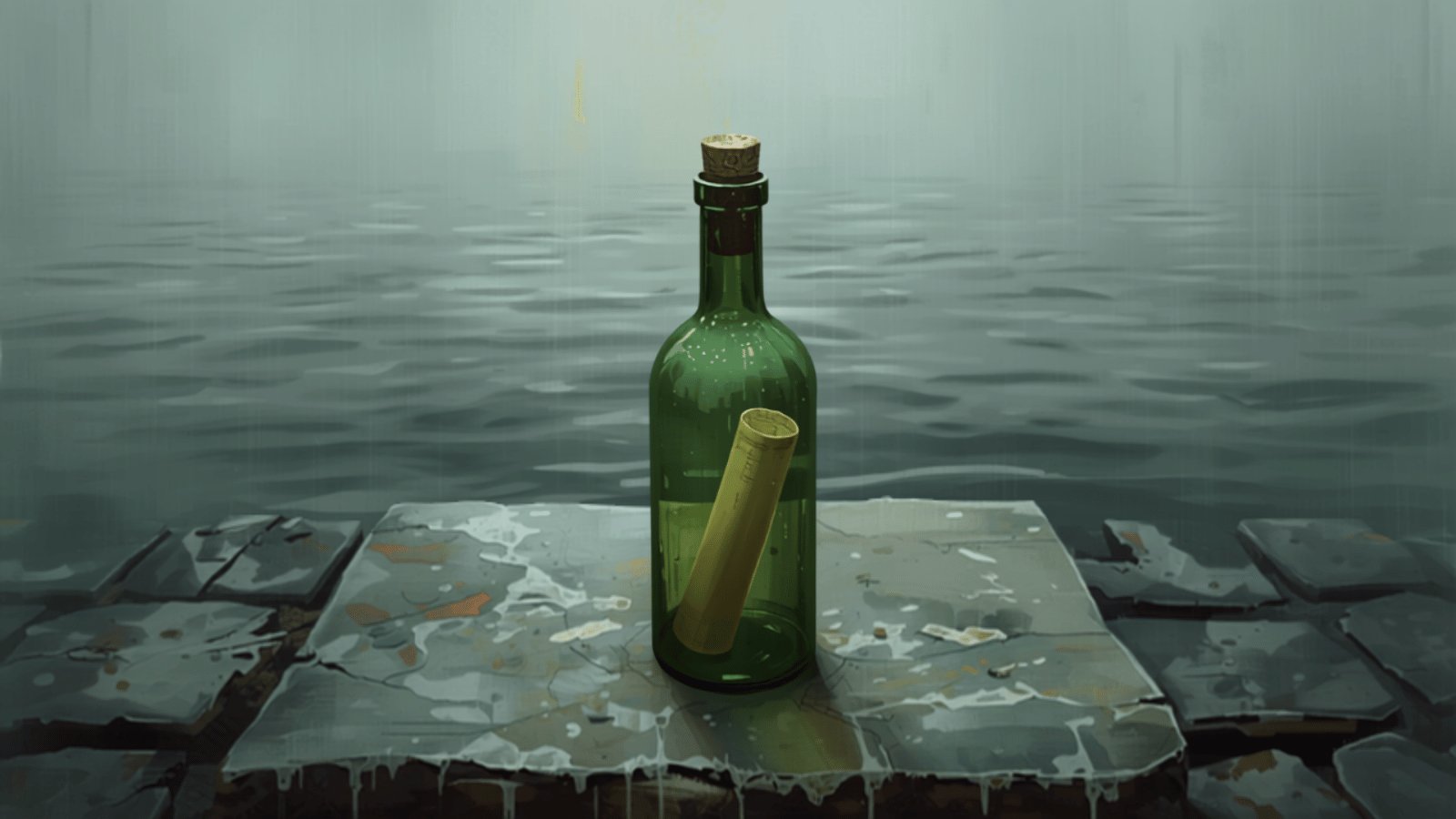 A green glass bottle with a cork and a rolled sheet of paper inside, standing on wet stone paving beside grey harbour water.