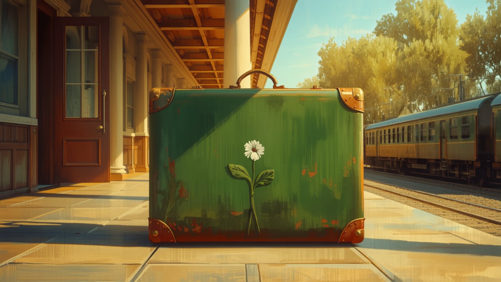 A large old green suitcase with a small white flower painted on it stands on a sunlit railway platform beside a waiting train.
