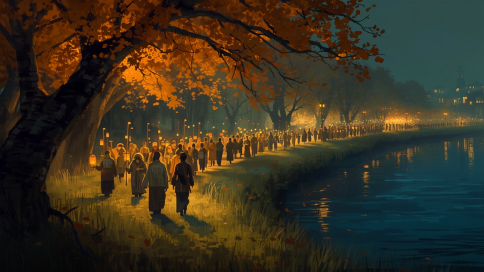 A crowd of people walk together at night along a riverbank under autumn trees, each carrying a small glowing paper lantern, their lights reflected in the dark water.