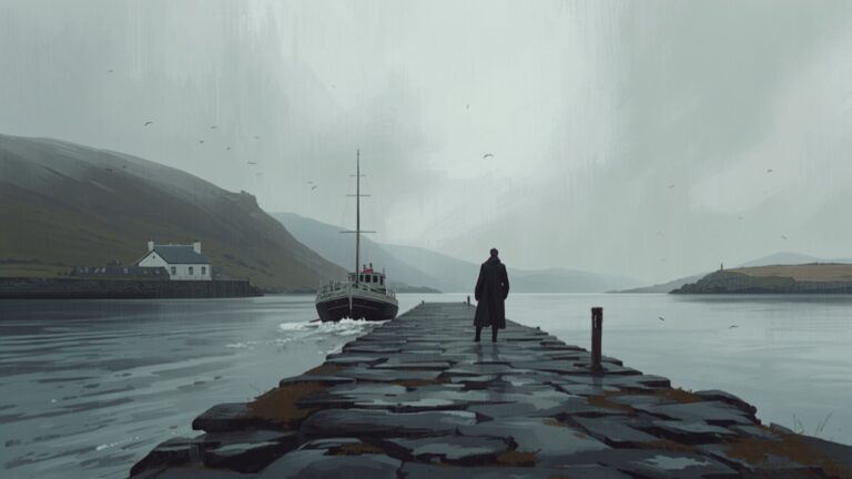 A small ferry pulls away from a stone pier on a grey Scottish island as one figure in a long coat stands alone at the pier's end watching it go.