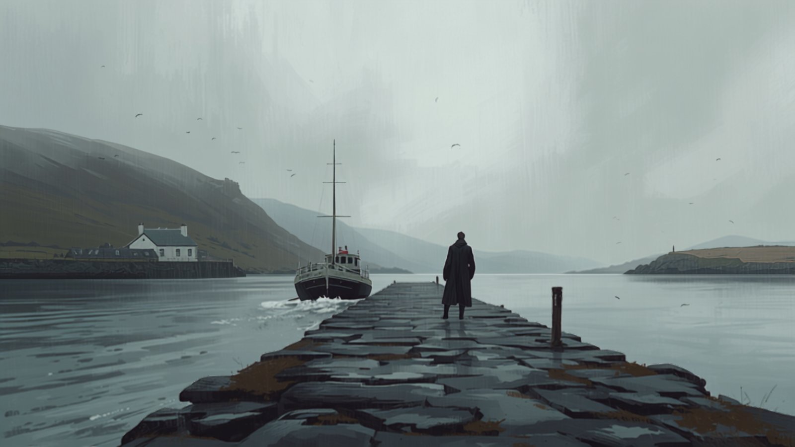 A small ferry pulls away from a stone pier on a grey Scottish island as one figure in a long coat stands alone at the pier's end watching it go.