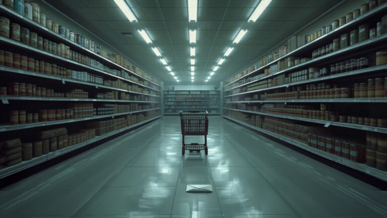 A long empty supermarket aisle late in the evening with a restocking trolley in the middle and a single pale envelope lying on the polished floor.
