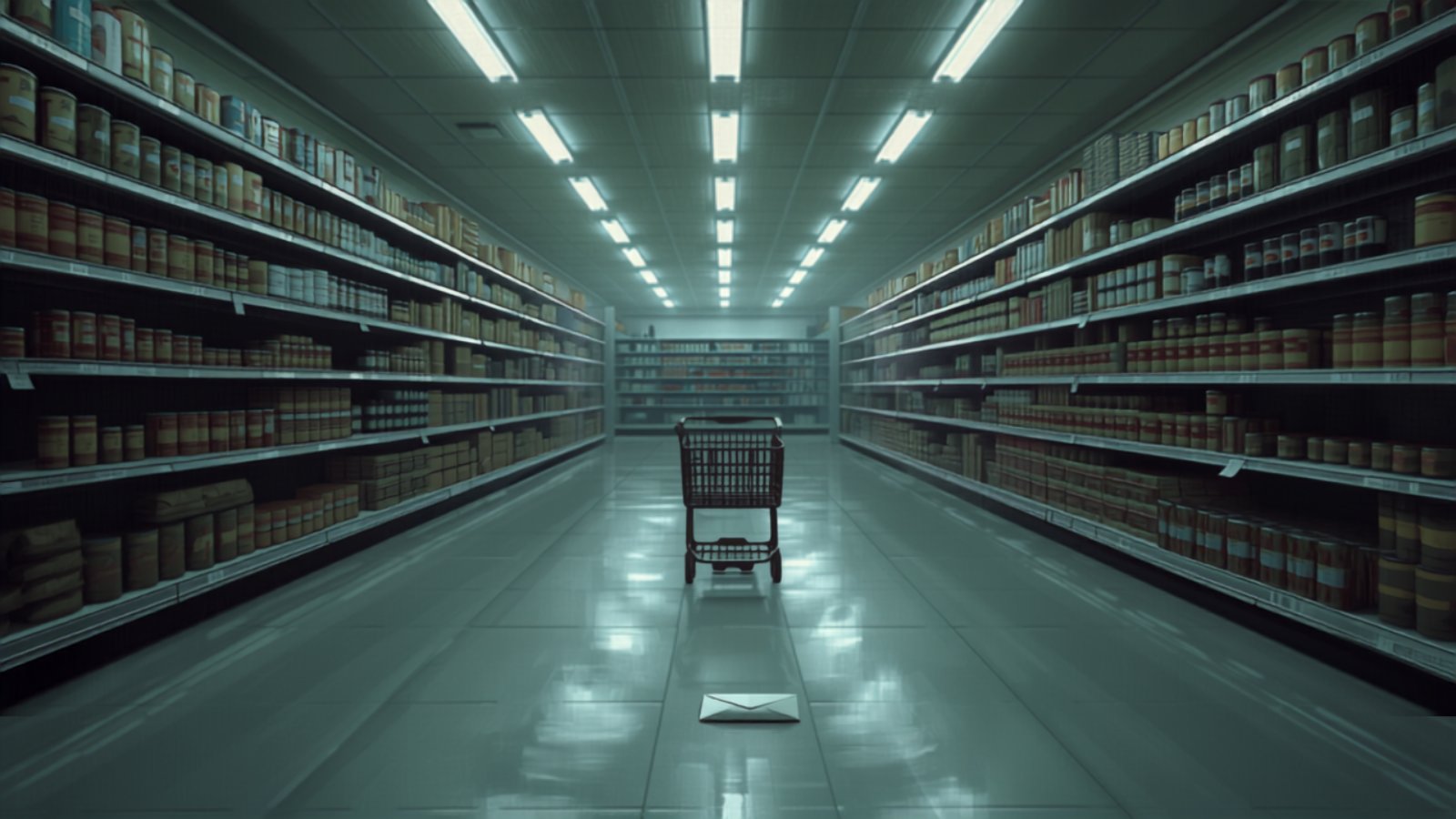 A long empty supermarket aisle late in the evening with a restocking trolley in the middle and a single pale envelope lying on the polished floor.