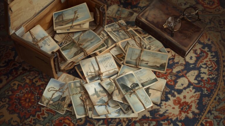 A box of old picture postcards spilled out across a patterned carpet, some still tied in bundles with string, beside a book and a pair of reading glasses.