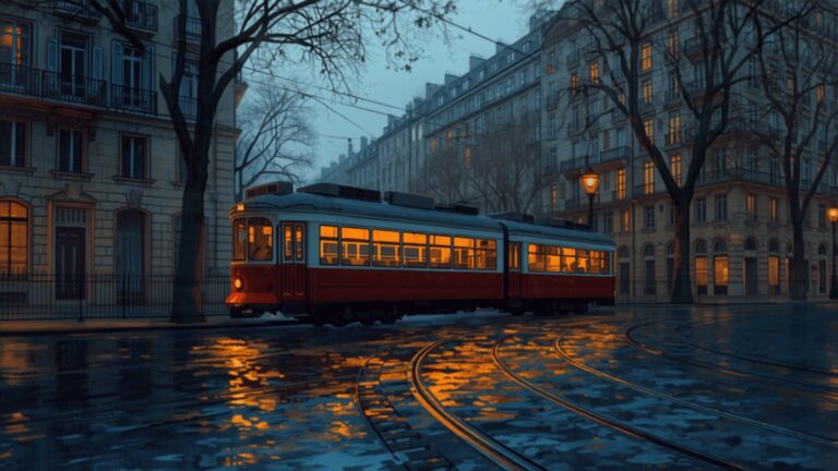 An old red tram with lit windows waiting on rails in a quiet city street at dusk, its reflection glowing on the wet road.