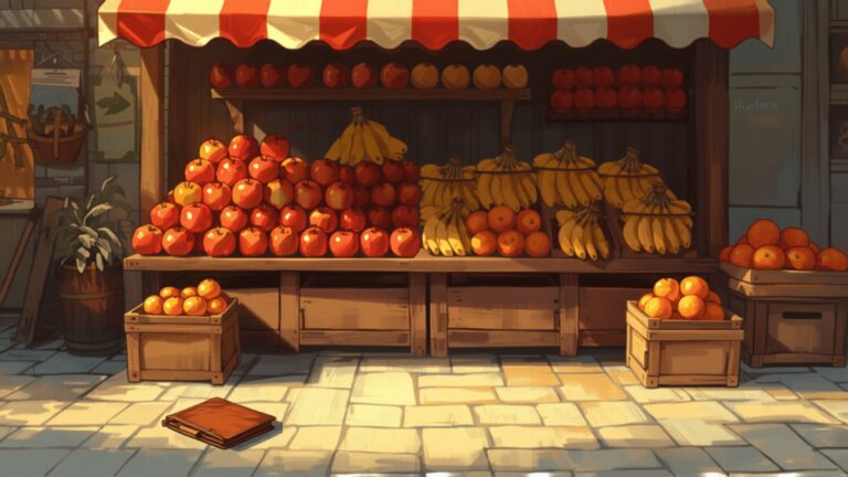 A market fruit and vegetable stall piled with red apples, bananas and oranges, with a brown leather wallet lying on the ground in front of it.