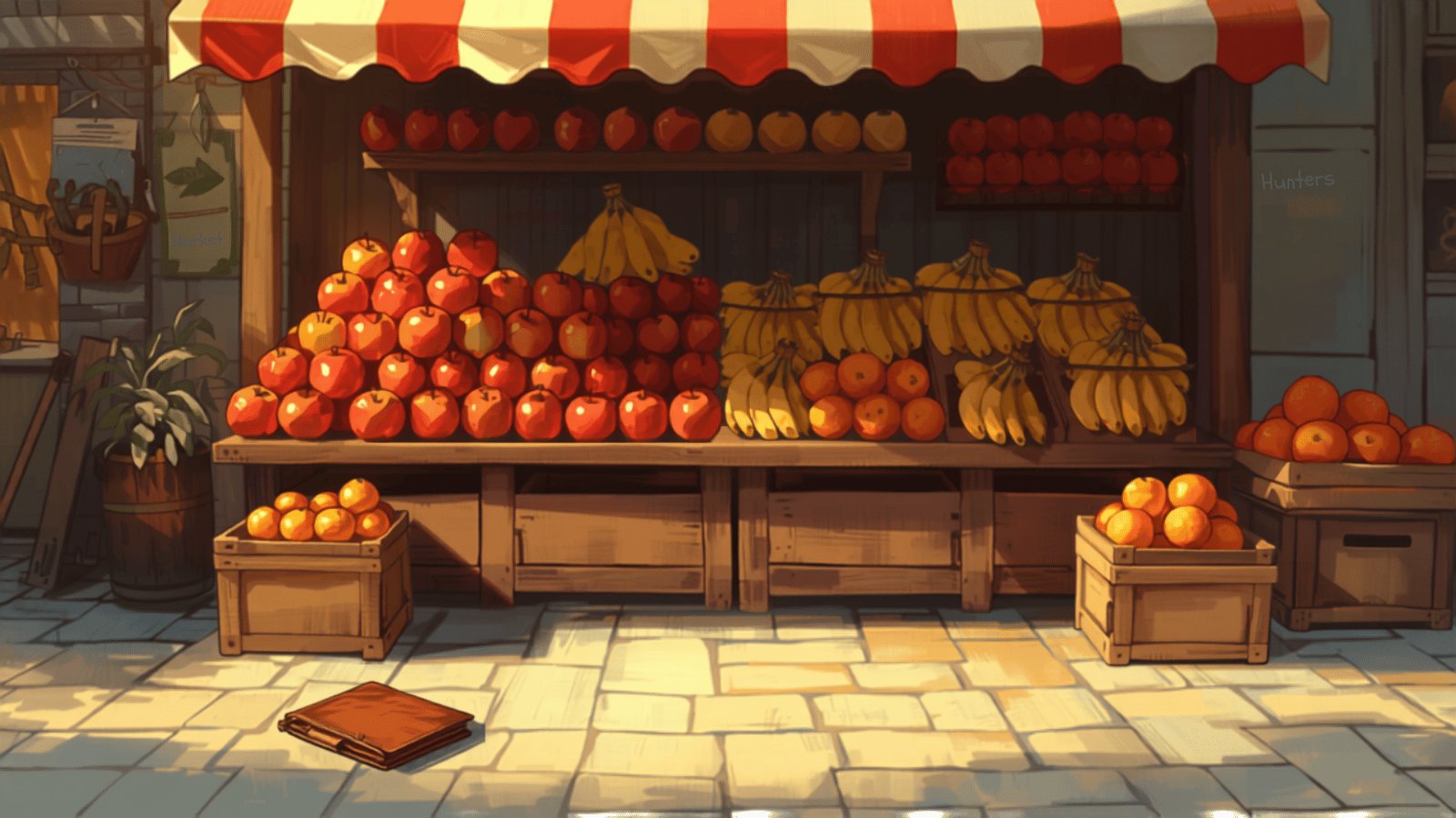 A market fruit and vegetable stall piled with red apples, bananas and oranges, with a brown leather wallet lying on the ground in front of it.