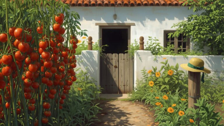 A sunny vegetable garden behind a small white house, with tall tomato plants full of ripe red tomatoes, yellow flowers along the wall, a wooden gate, and an old green hat resting on a fence post.