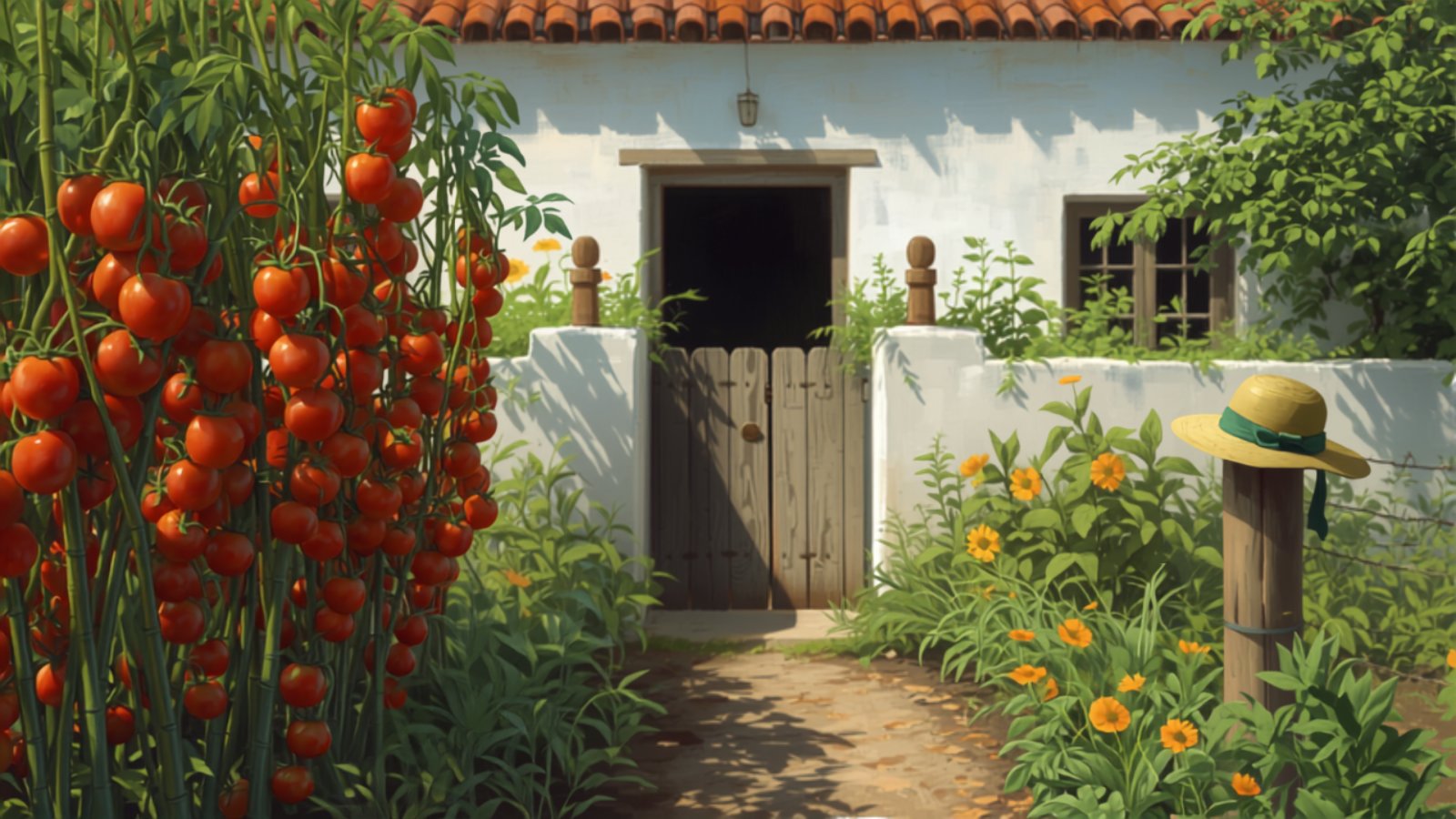 A sunny vegetable garden behind a small white house, with tall tomato plants full of ripe red tomatoes, yellow flowers along the wall, a wooden gate, and an old green hat resting on a fence post.