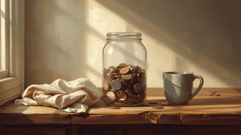 A glass jar half full of coins on a wooden kitchen shelf in warm afternoon light, with a folded cloth and a mug beside it.