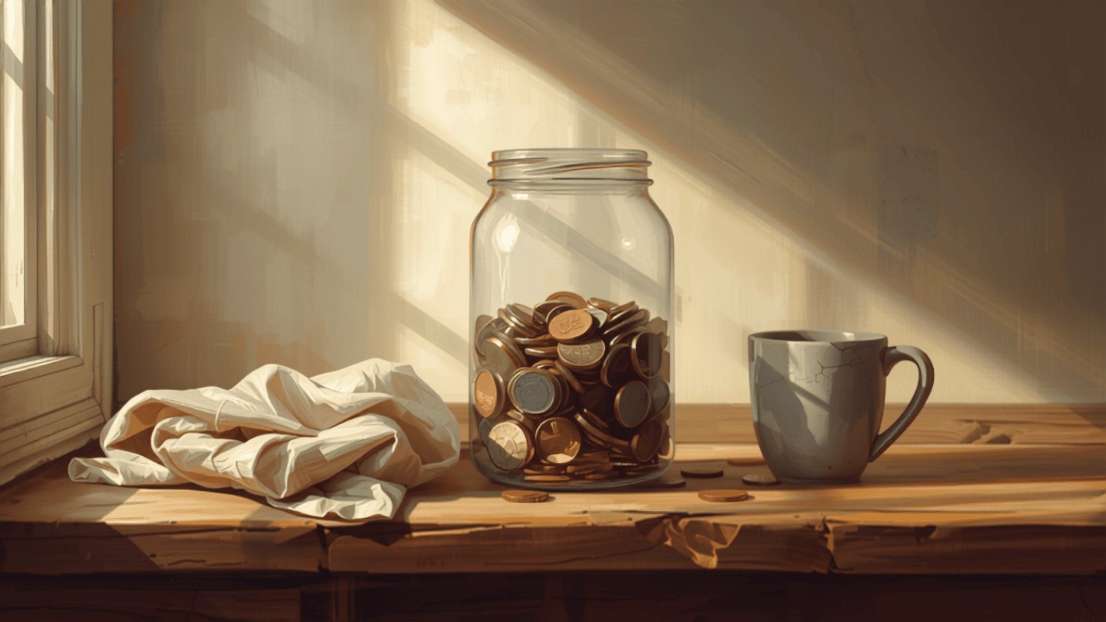 A glass jar half full of coins on a wooden kitchen shelf in warm afternoon light, with a folded cloth and a mug beside it.