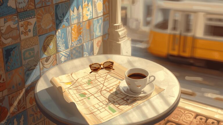 A folded paper street map open on a sunny café table in Lisbon, next to a cup of coffee and sunglasses, with a yellow tram passing behind.