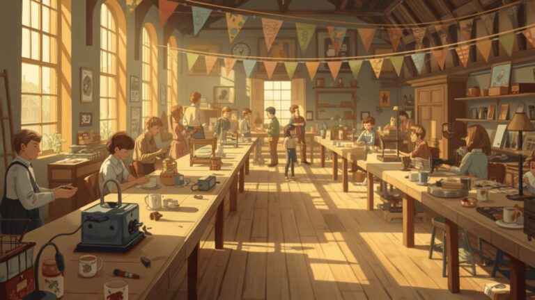 A village hall set up as a community repair cafe, with long wooden tables covered in half-mended kettles, toasters and lamps, tools and mugs of tea.