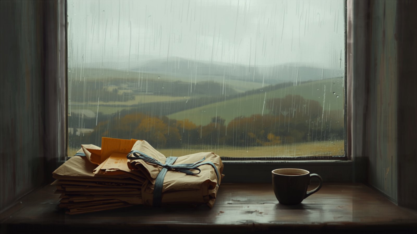 A bundle of old letters tied with blue ribbon sits on a kitchen windowsill beside a cup of tea, with rain running down the glass and green hills beyond.